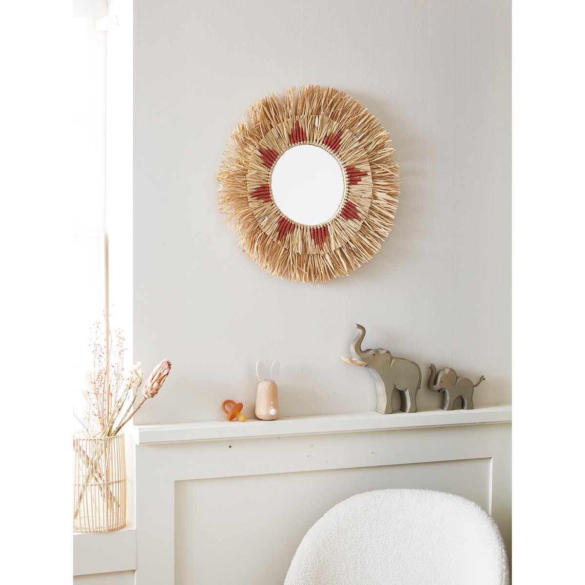 Miroir rond raphia beige / rose, VERTBAUDET