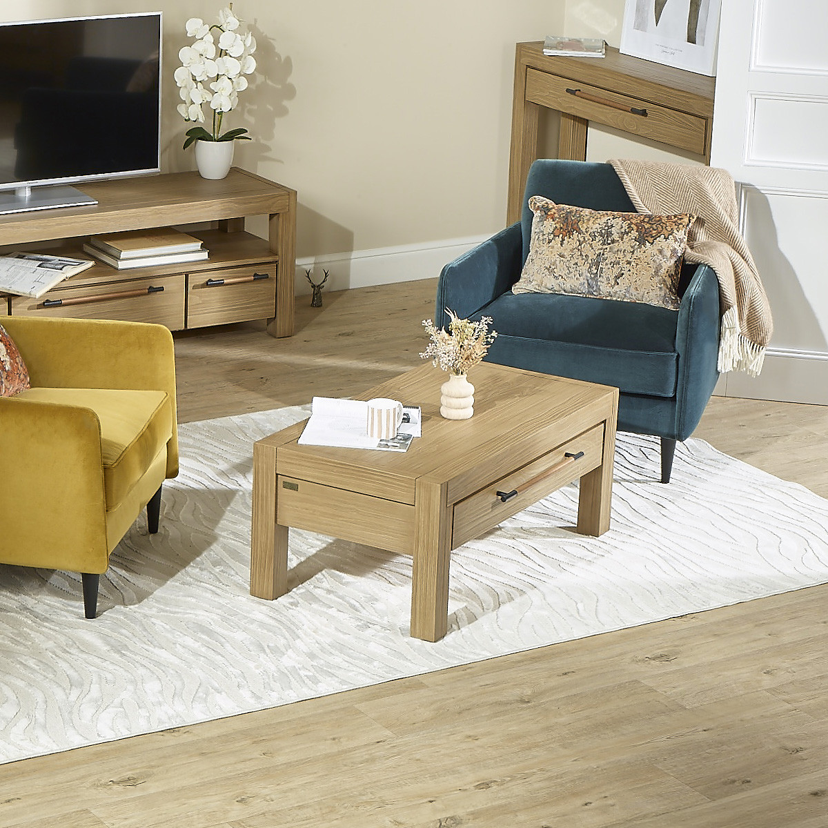 Table basse contemporaine en bois massif, 2 tiroirs MEGÈVE marron, ROBIN DES BOIS