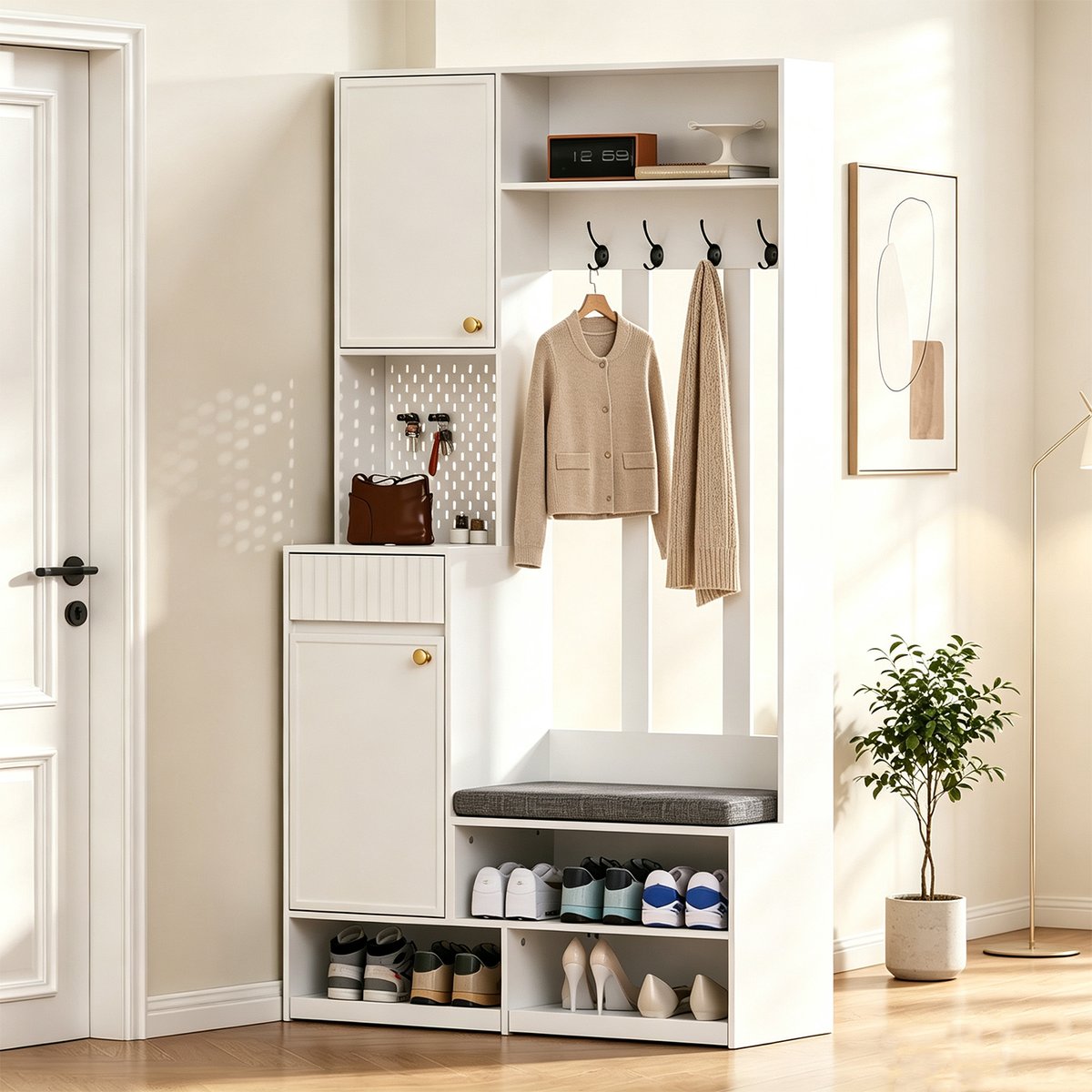 Vestiaire d'entrée avec banc et rangement, PORTER-B blanc, MEUBLES COSY