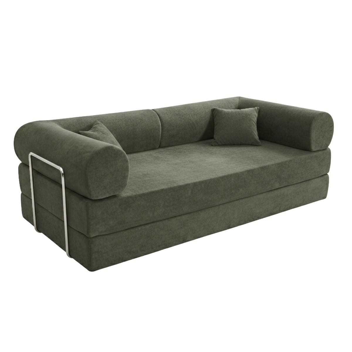 Canapé convertible 2 places en tissu et structure chrome avec coussins modulables, WENDY vert, OVIALA