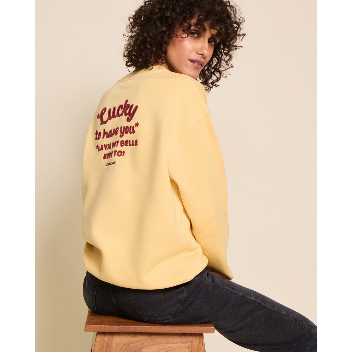 Sweat dos brodé en coton bio, LUCKY jaune - maïs, EMOI EMOI