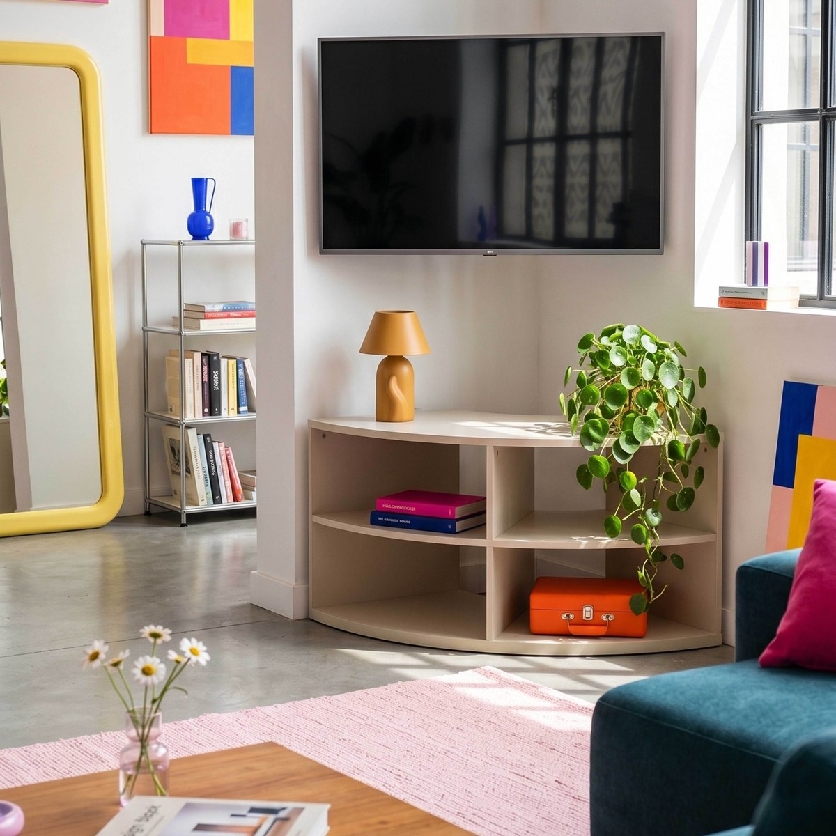 Meuble TV d'angle coloré 120 cm, LUKE crème, OVIALA