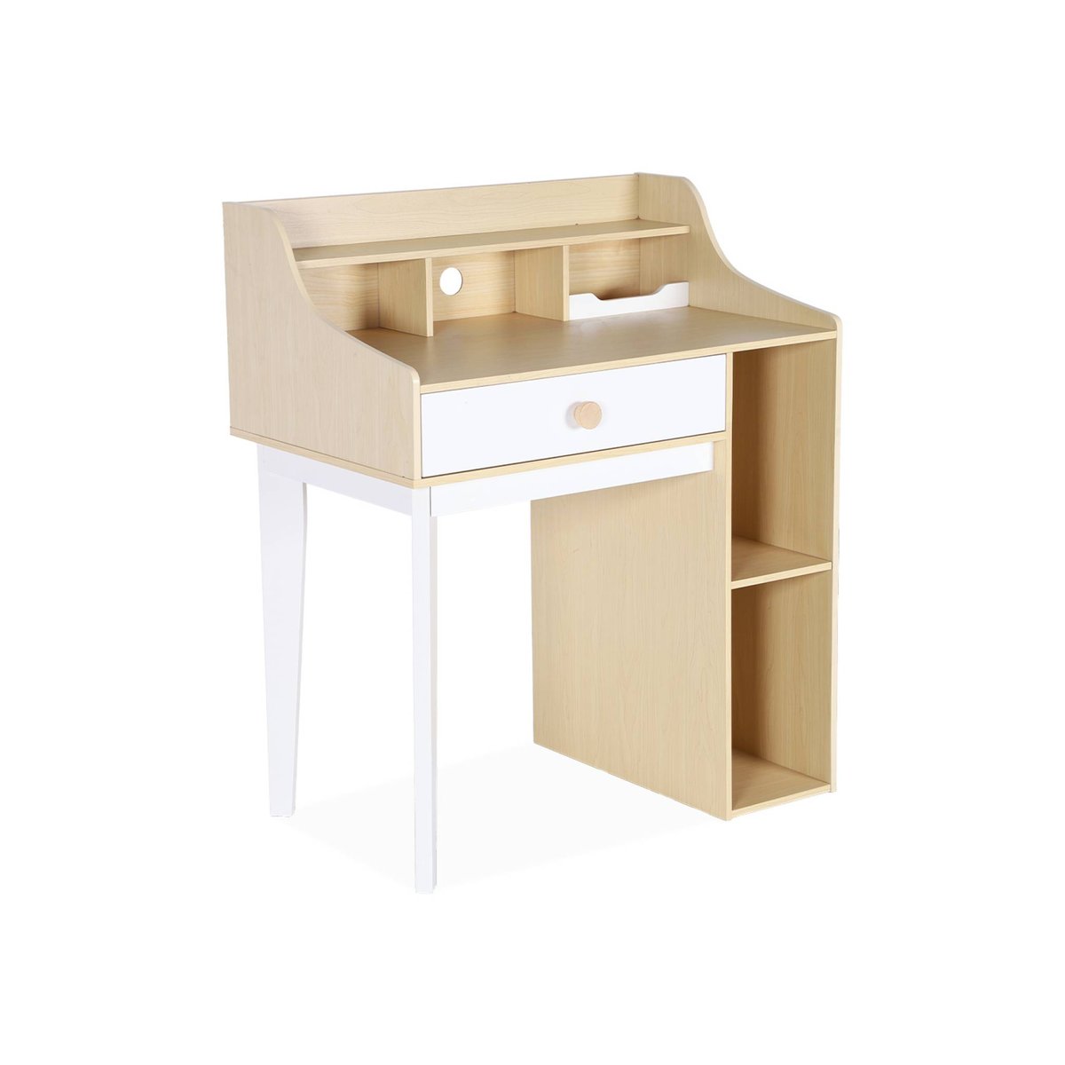 Bureau enfant décor bois 1 tiroir 3 étagères EDGAR blanc et naturel, SWEEEK