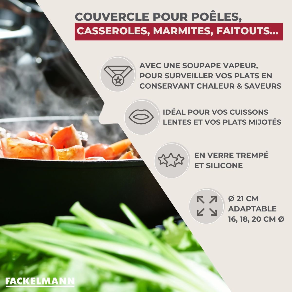 Couvercle adaptable de 16 à 20 cm en verre et silicone noir,transparent, FACKELMANN