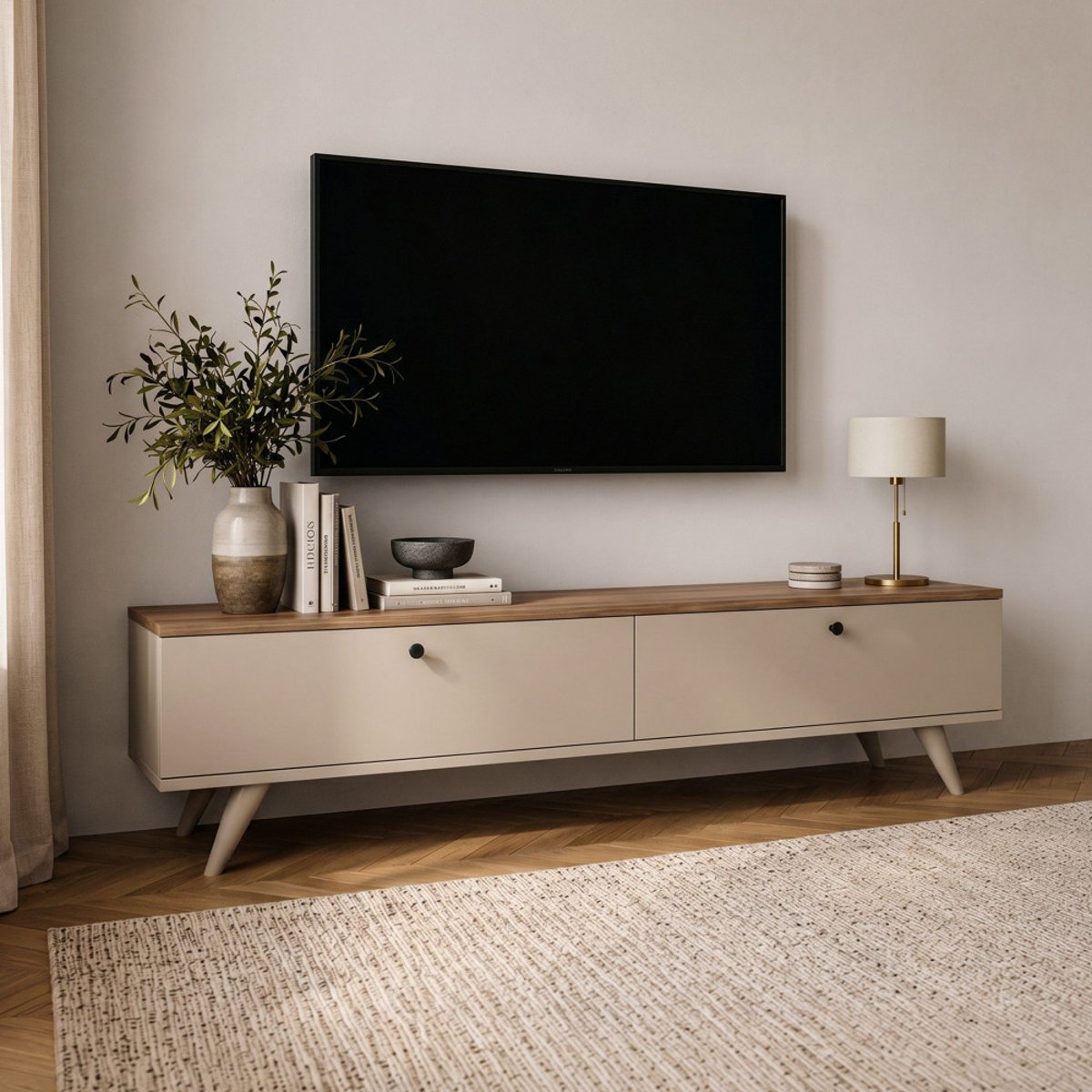 Meuble TV 2 portes plateau bois foncé L160cm- YARA beige, DRAWER