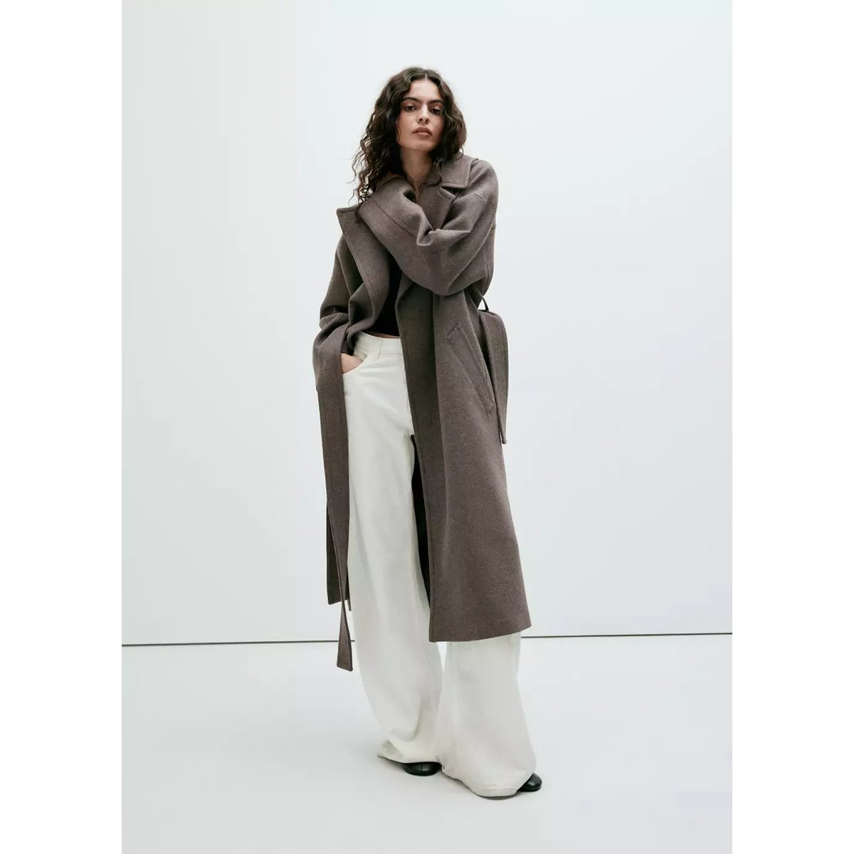 Manteau laine Manteco ceinture marron moyen, MANGO