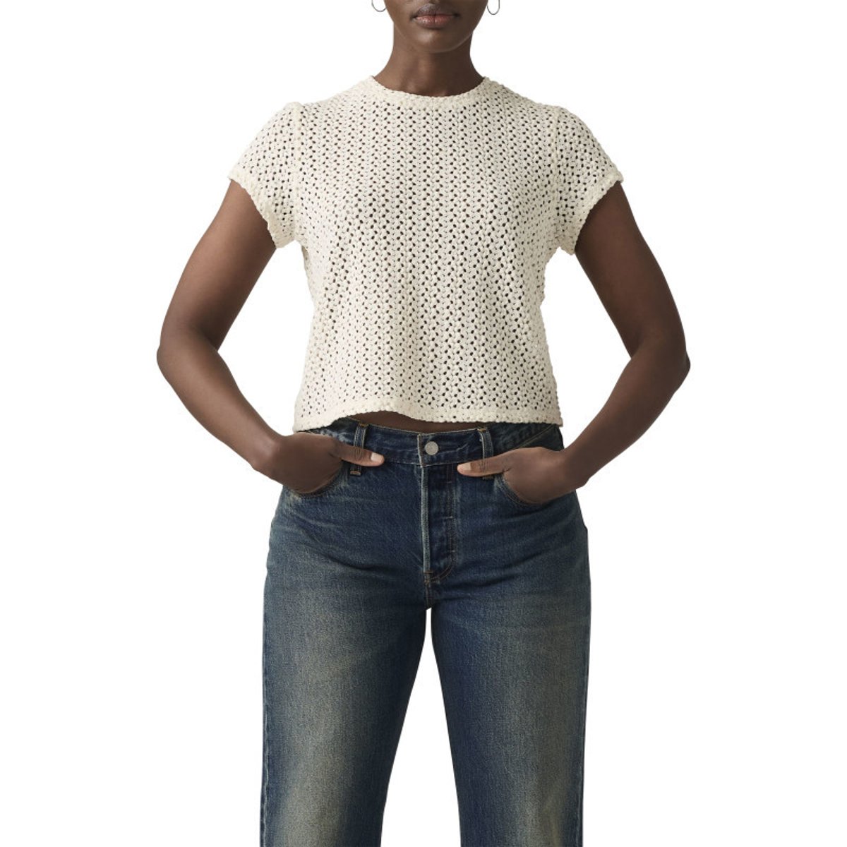 Top écru uni coupe droite avec effet maille ajourée sur le pourtour beige, LEVI'S