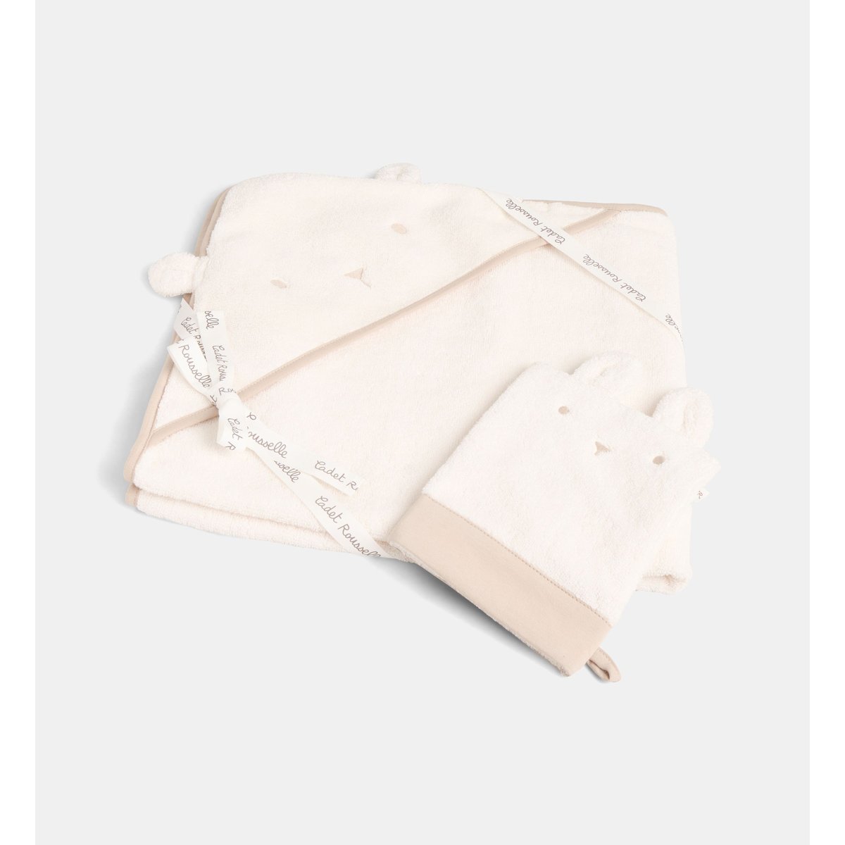 Ensemble 2 pièces aliapa cape de bain et gant coton écru et beige, CADET ROUSSELLE