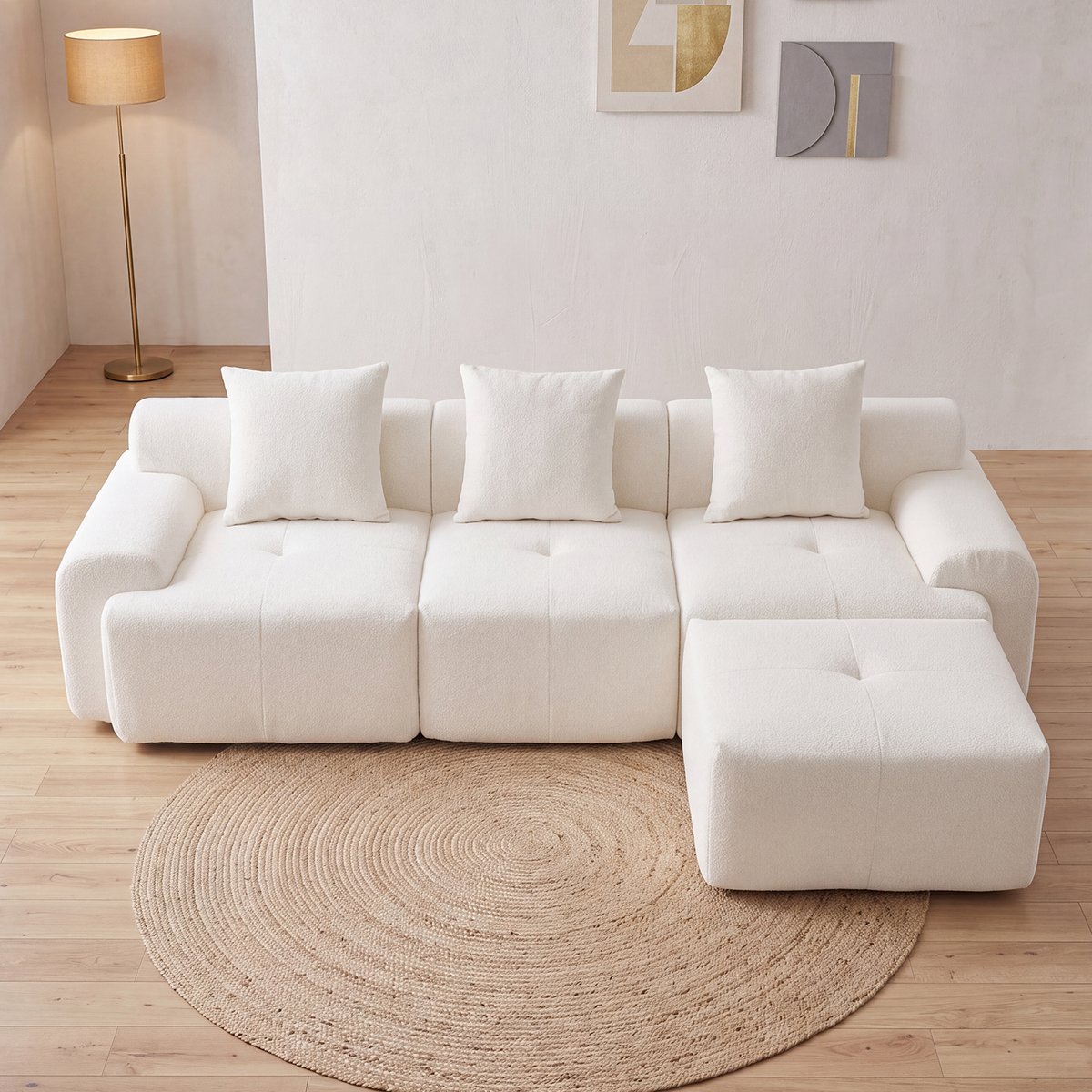 Canapé d'angle réversible compressé 3 places avec pouf, LANDIB beige, MEUBLES COSY