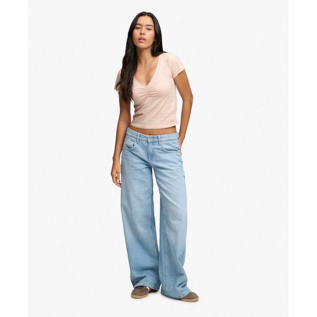 T-shirt Crop Col V Froncé Coupe Ajustée rose poudré, SUPERDRY