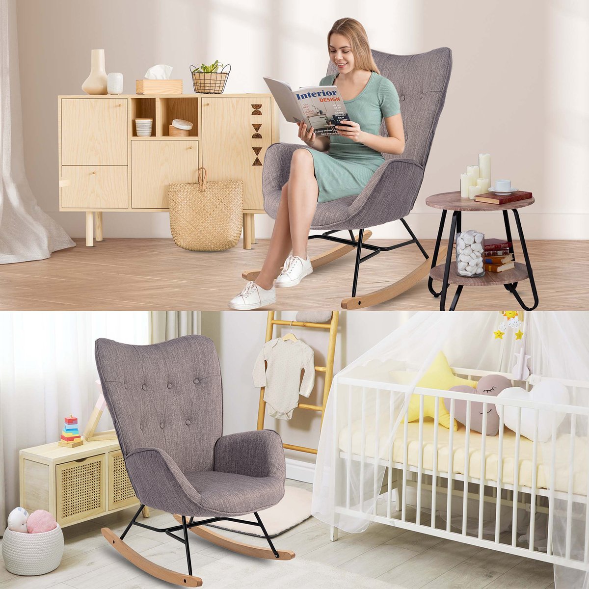 Fauteuil à bascule rocking chair scandinave, EPPING gris foncé, MEUBLES COSY