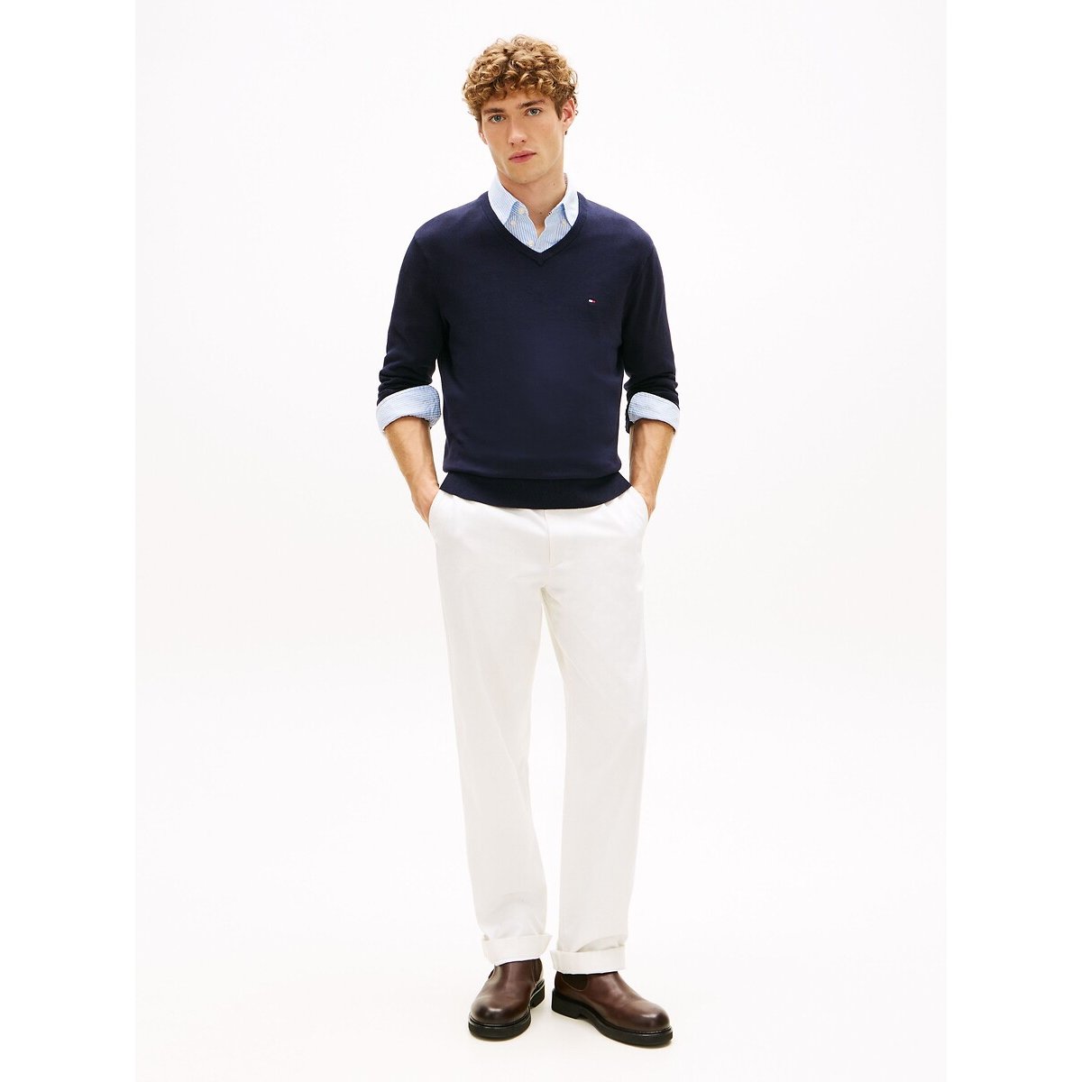 Camisola com decote em V, em malha fina marinho, TOMMY HILFIGER