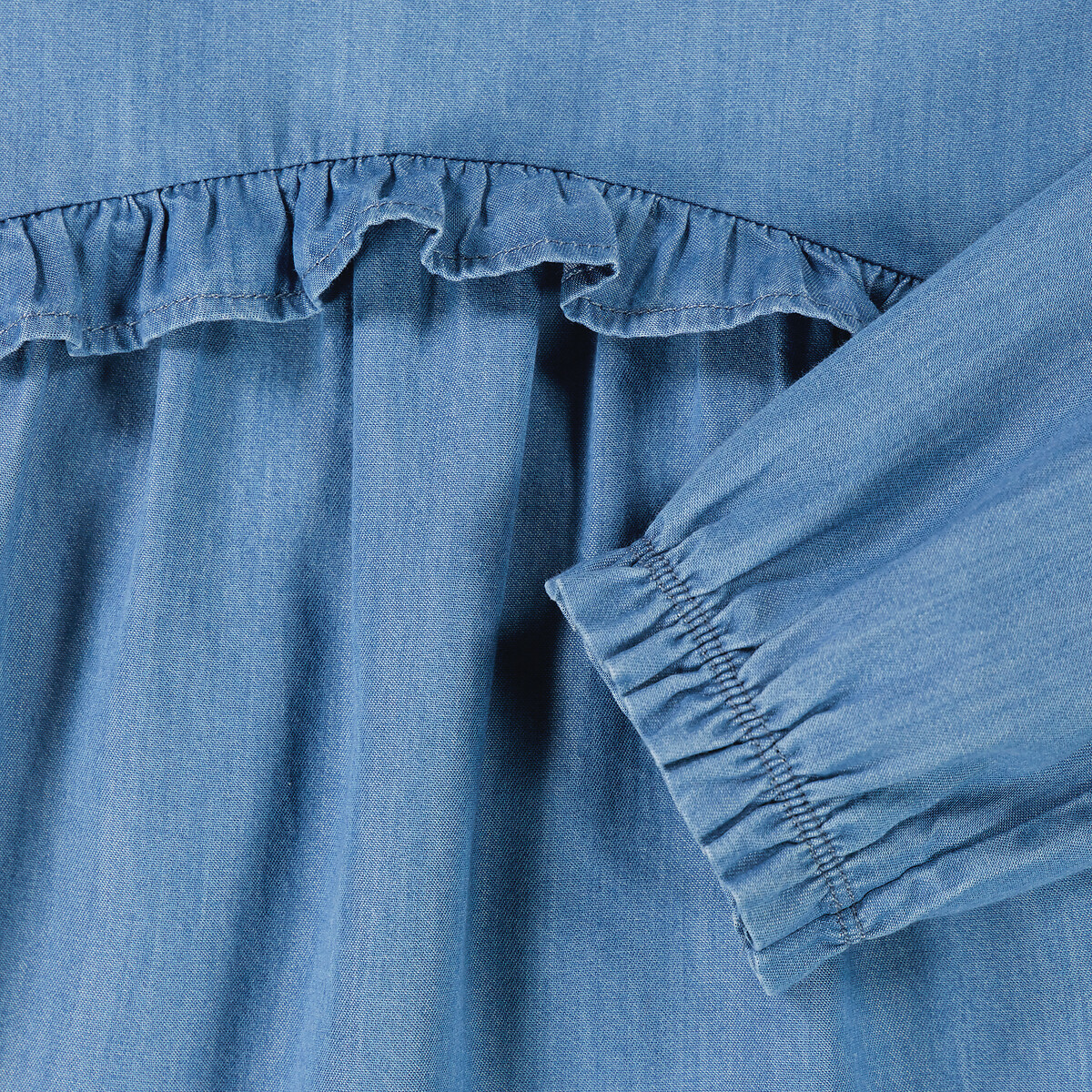 Lightweight Denim Ruffle Dress with Long Sleeves double stonewashed, LA REDOUTE COLLECTIONS