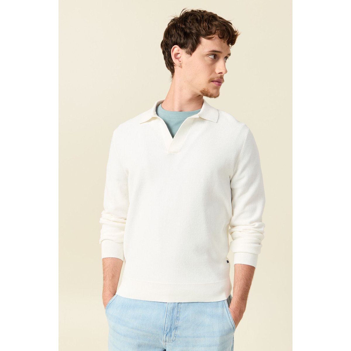 Pull droit col polo manches longues ecru, BONOBO