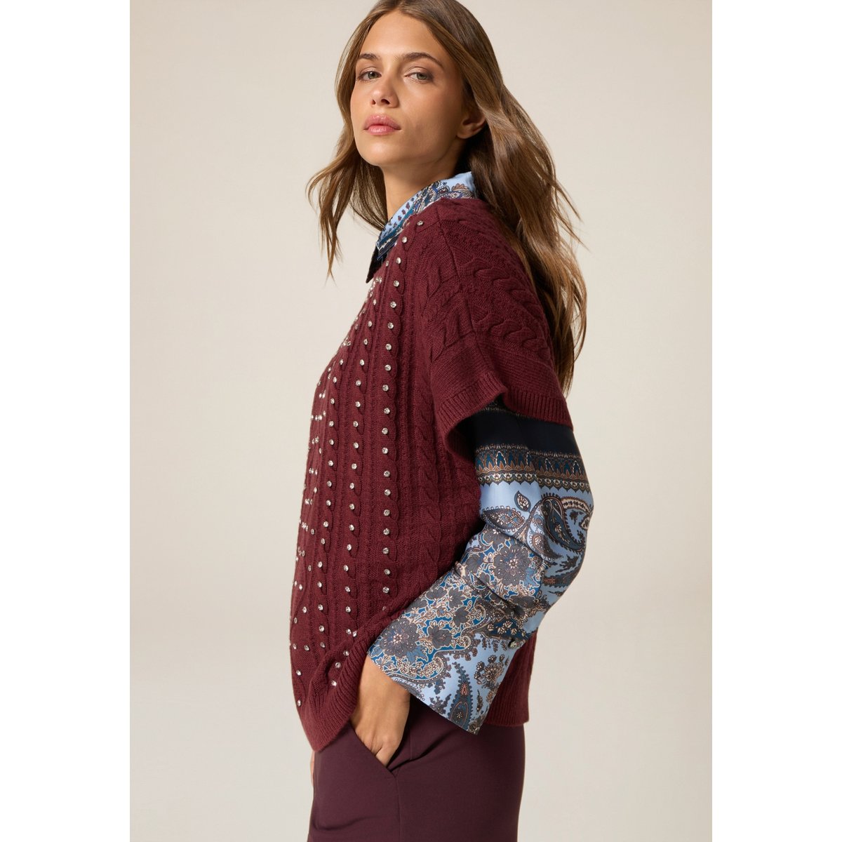 Maillot manches courtes avec sertissages burgundy, OLTRE