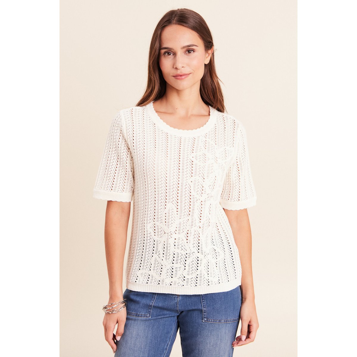 Pull ajouré col rond ecru, BREAL