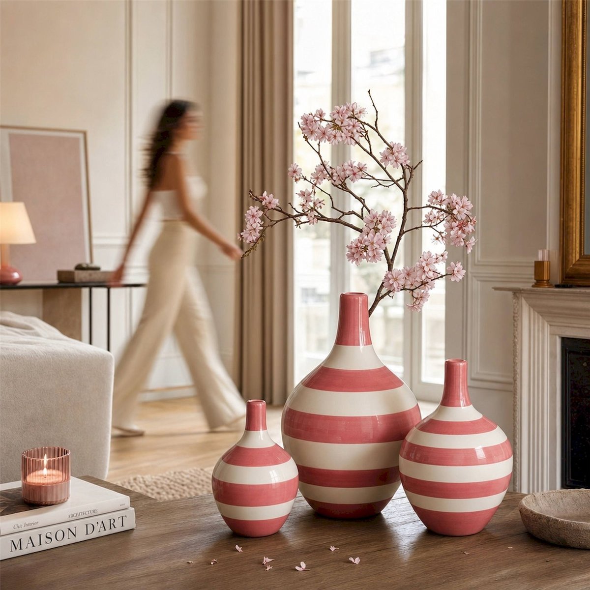 Vases en porcelaine rayée, Lot de 3 blanc et rose, RECOLLECTION