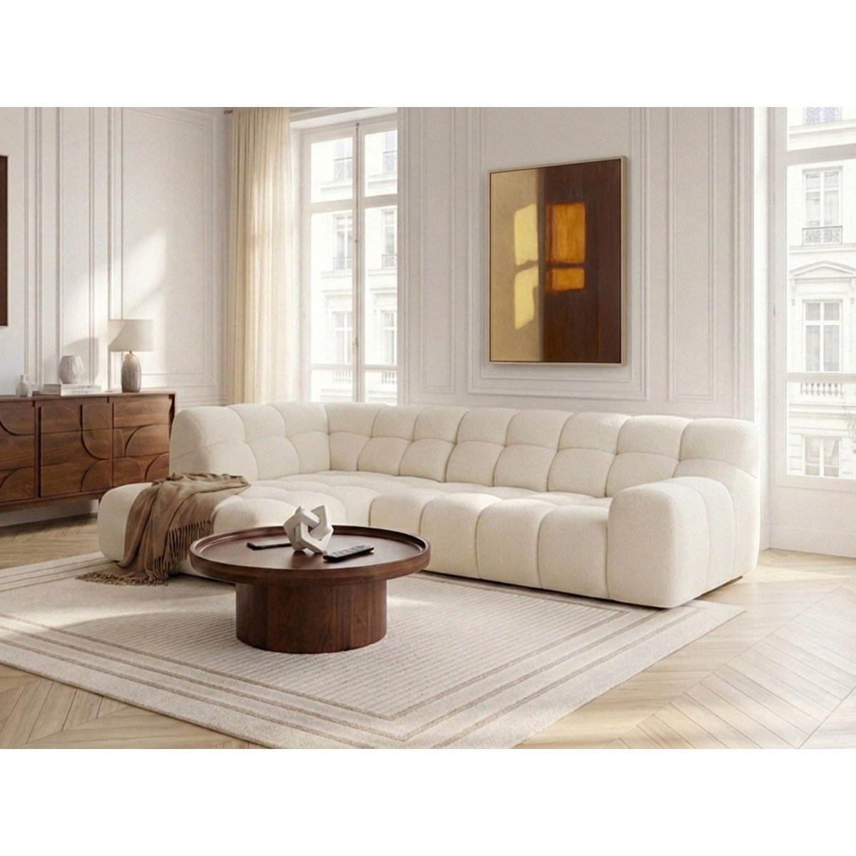 Canapé d'angle convertible 4 places en tissu chenille, ANDRE blanc, BOBOCHIC