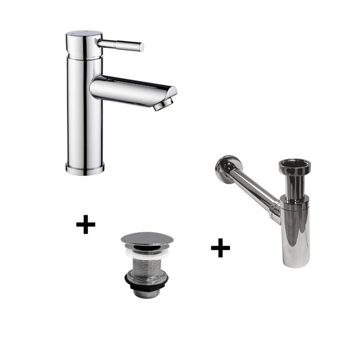 Robinet bec bas TAP + bonde LIV + siphon SIMON chromé, MOB IN