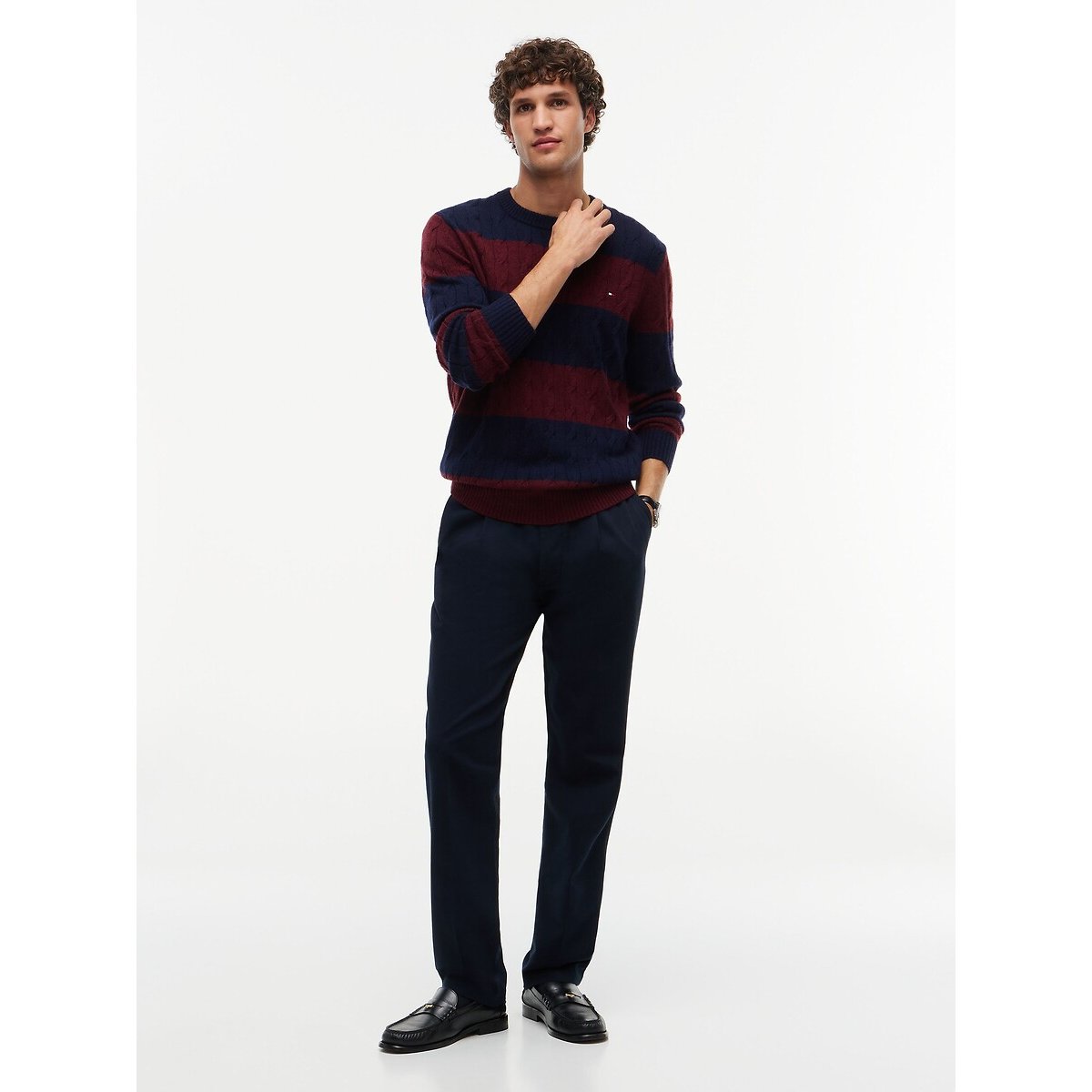 Wool Cable Knit Jumper with Crew Neck burgundy/navy blue, TOMMY HILFIGER