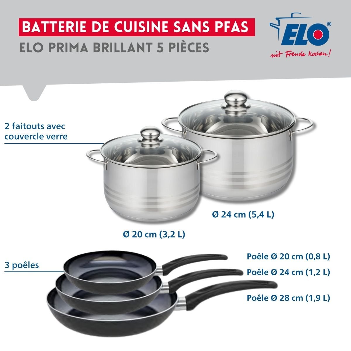 Batterie 3 poêles 20/24/28cm + 2 faitouts 20/24cm PRIMA BRILLANT noir, ELO
