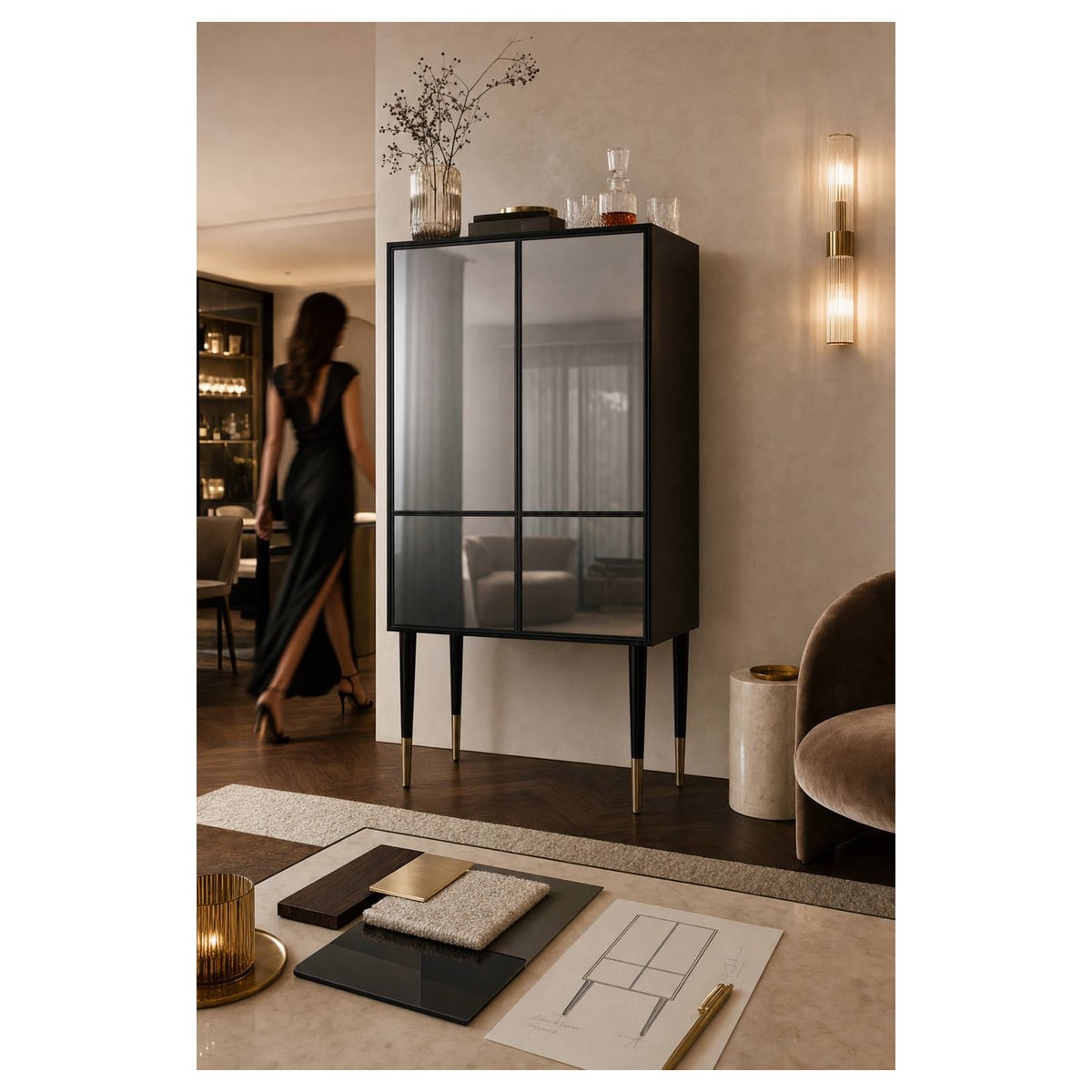 Meuble bar bois et miroir style glamour noir et miroir, RECOLLECTION