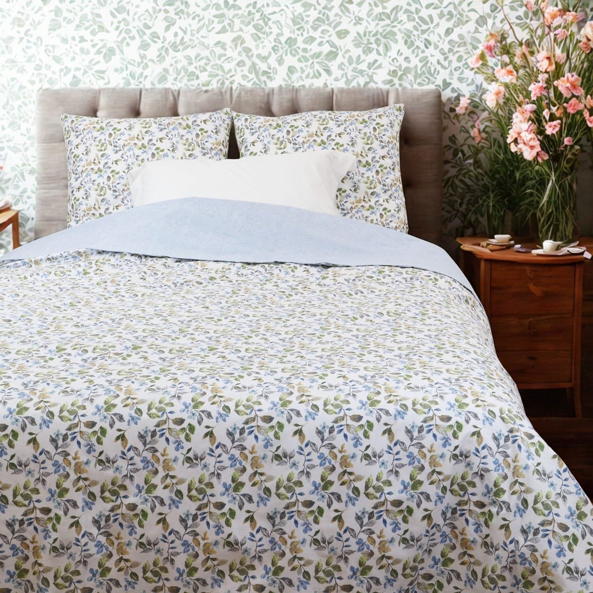 Parure housse de couette imprimés coton 120 gr FRANÇIA bleu, LINANDELLE