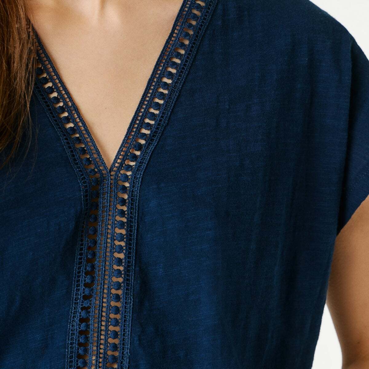 T-Shirt À Col V Avec Détails Ajourés bleu des profondeurs, PEPE JEANS