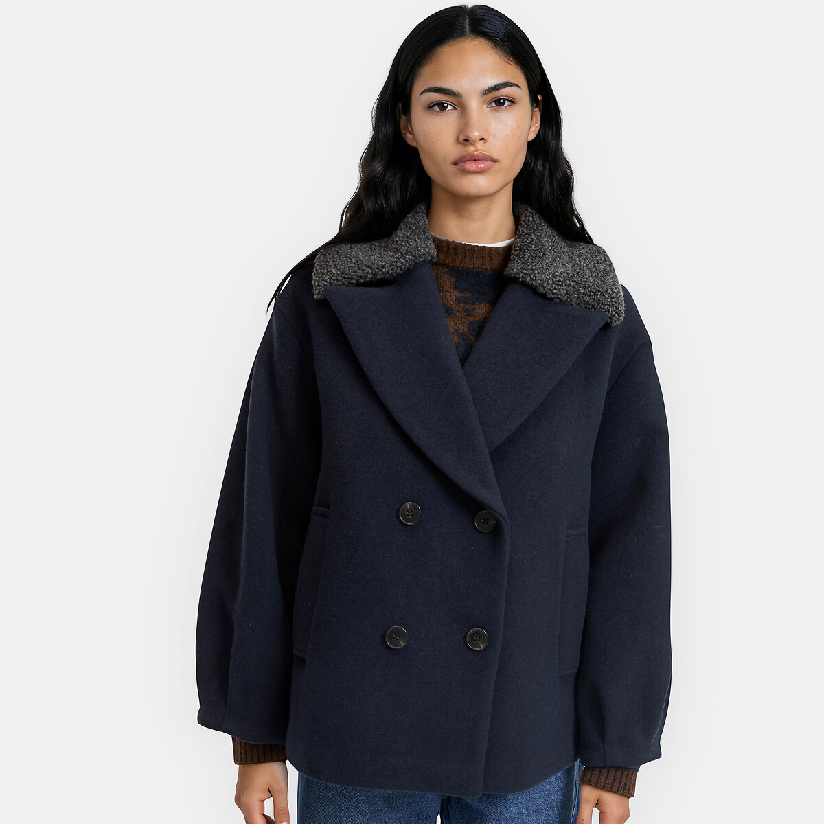 Caban court à col en sherpa bleu marine, LA REDOUTE COLLECTIONS