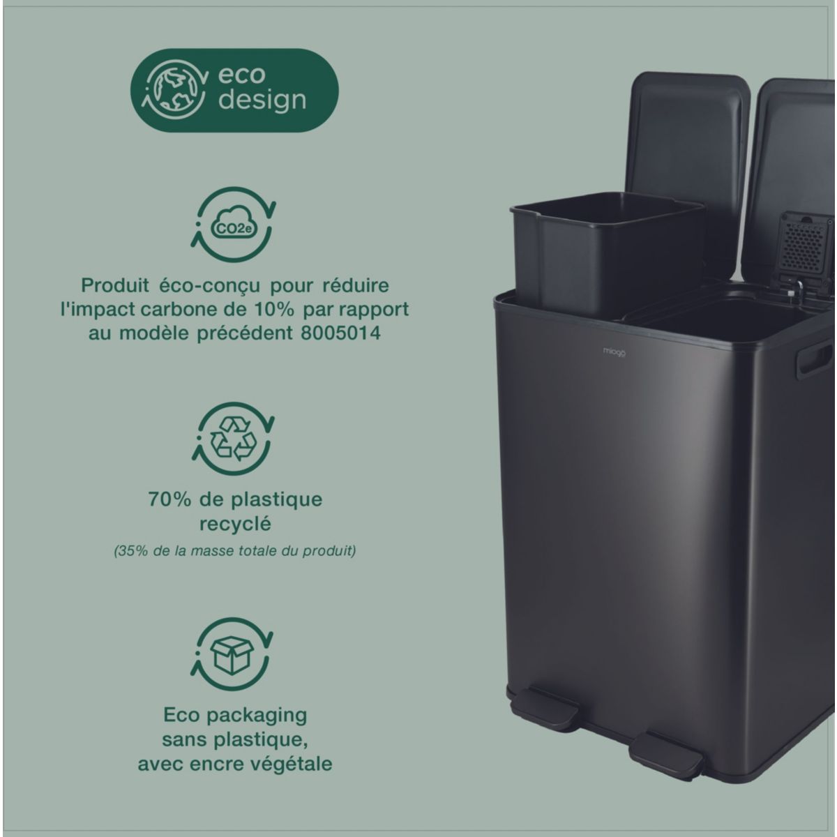 Poubelle de cuisine tri sélectif 60L anthracite couleur unique, MIOGO