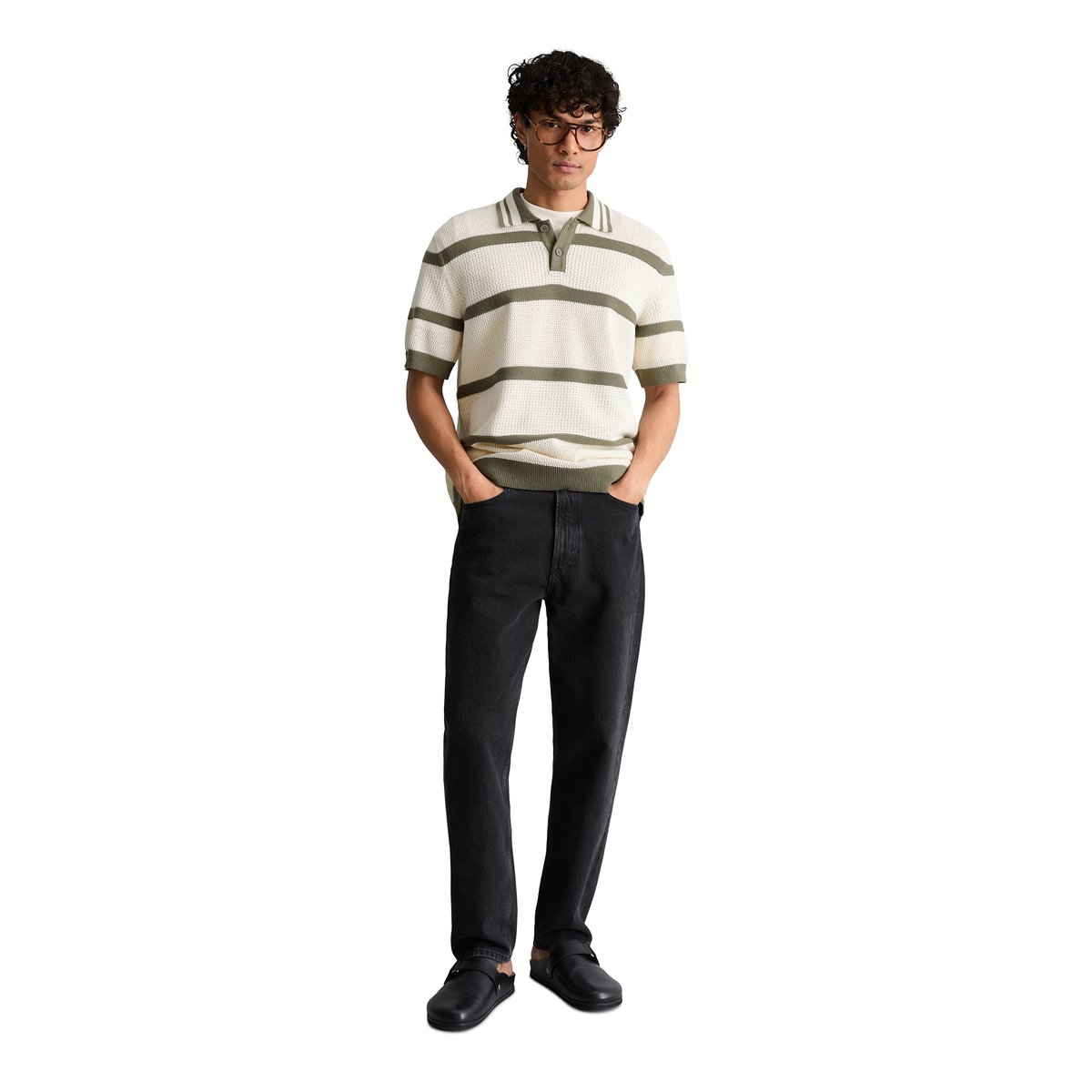 Polo en tricot régulier avec des variations de tricot et des rayures blanc/vert, MARC O’POLO DENIM