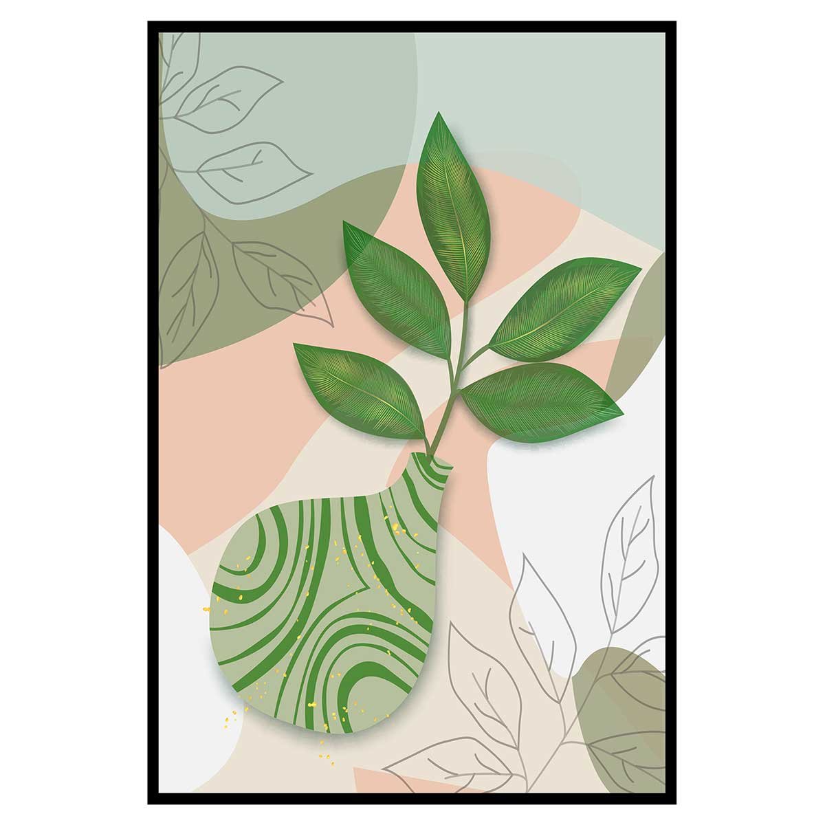 Affiche encadrée feuilles modernes pastel affiche + cadre en métal - noir, HEXOA