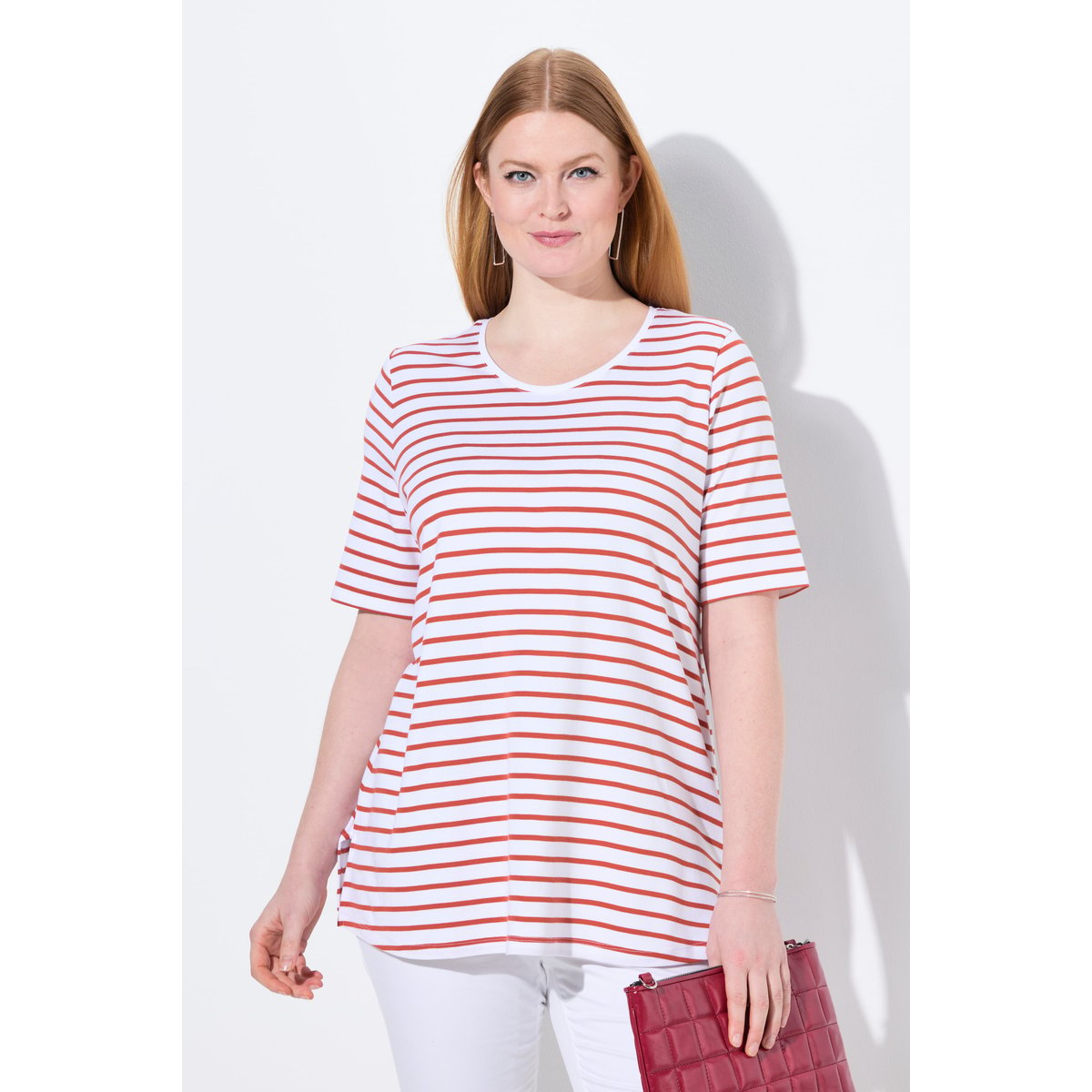 T-shirt rayé en coton Pima. Décolleté rond terre cuite, ULLA POPKEN