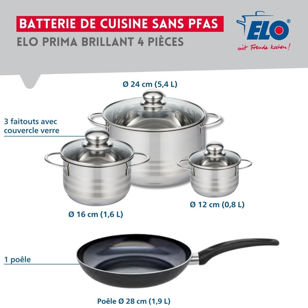 Batterie 1 poêle 28cm + 3 faitouts 12/16/24cm PRIMA BRILLANT noir, ELO