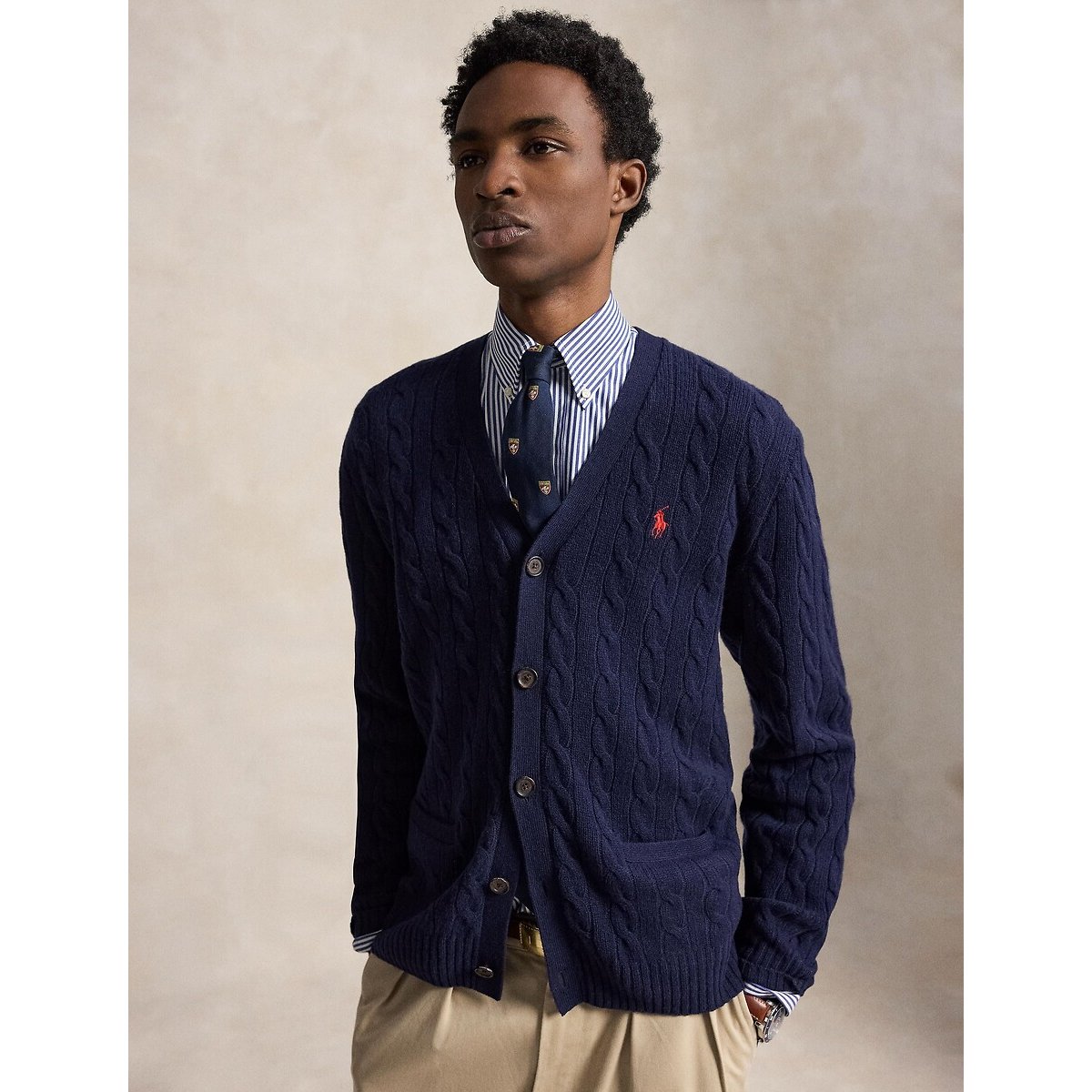 Cárdigan abotonado, punto trenzado, mezcla de lana azul marino, POLO RALPH LAUREN