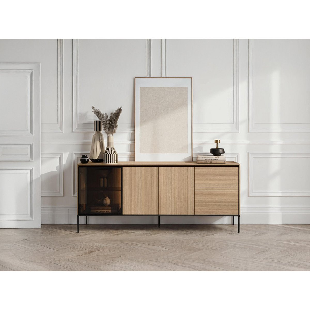 Buffet bas en panneaux de particules 3 portes 2 tiroirs 201 cm, VERONA marron clair, BOBOCHIC