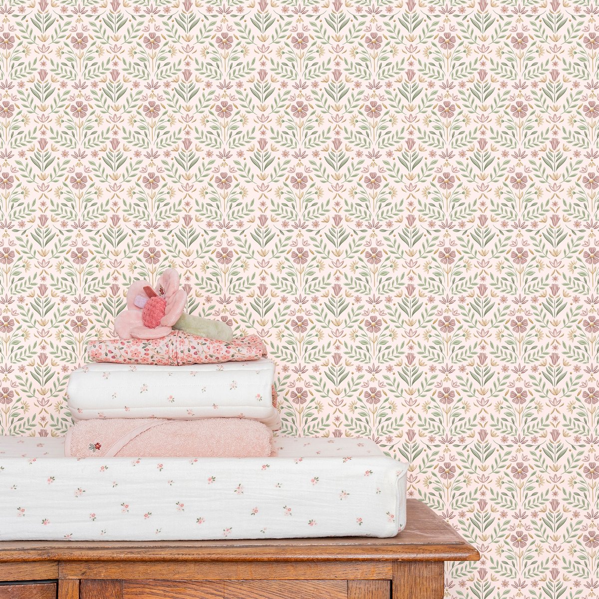Papier peint pour enfant Petites fleurs vintage rose, vert, ocre, LITTLE DUTCH