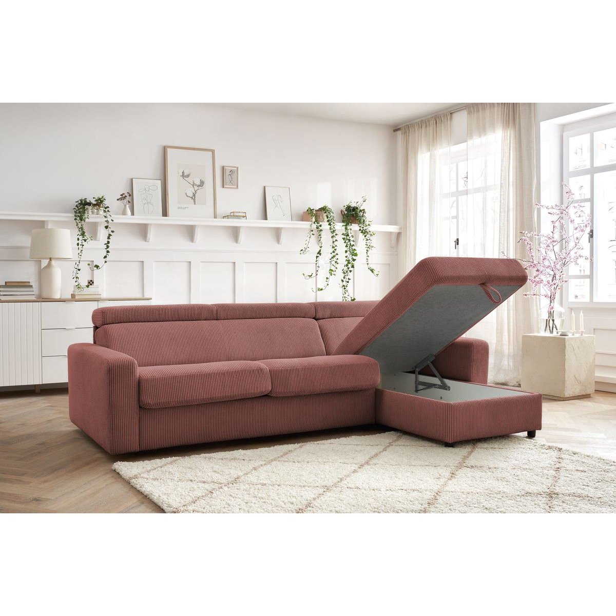 Canapé d'angle convertible 4 places en velours côtelé couchage 140x190 cm, MONACO rose, BOBOCHIC