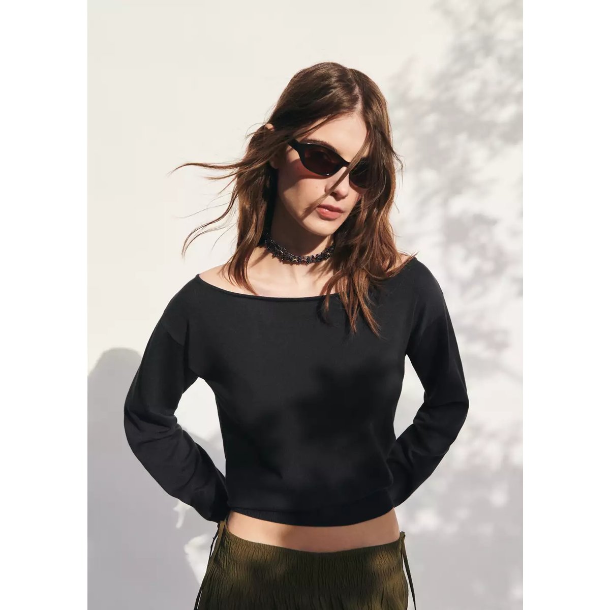 Pull maille épaules dénudées gris anthracite, MANGO TEEN