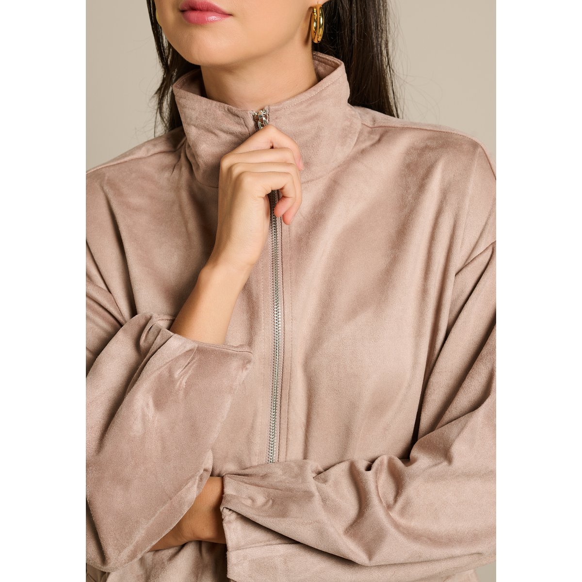 Veste zippée effet suédé taupe, LOLALIZA