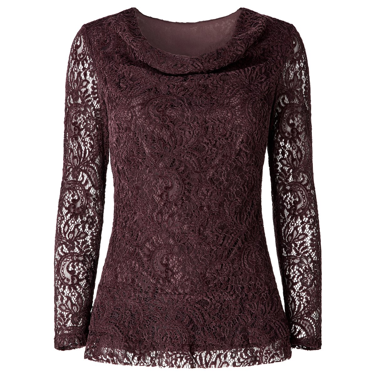 Blouse en Dentelle à Col Bénitier et Ourlet Asymétrique marron, JOE BROWNS