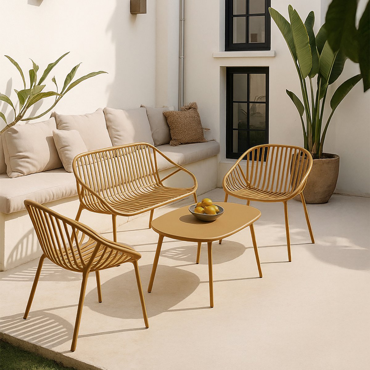 Salon de jardin table et 2 fauteuils 1 canapé en polypropylène et métal, CALYPSO ocre, NOW'S HOME