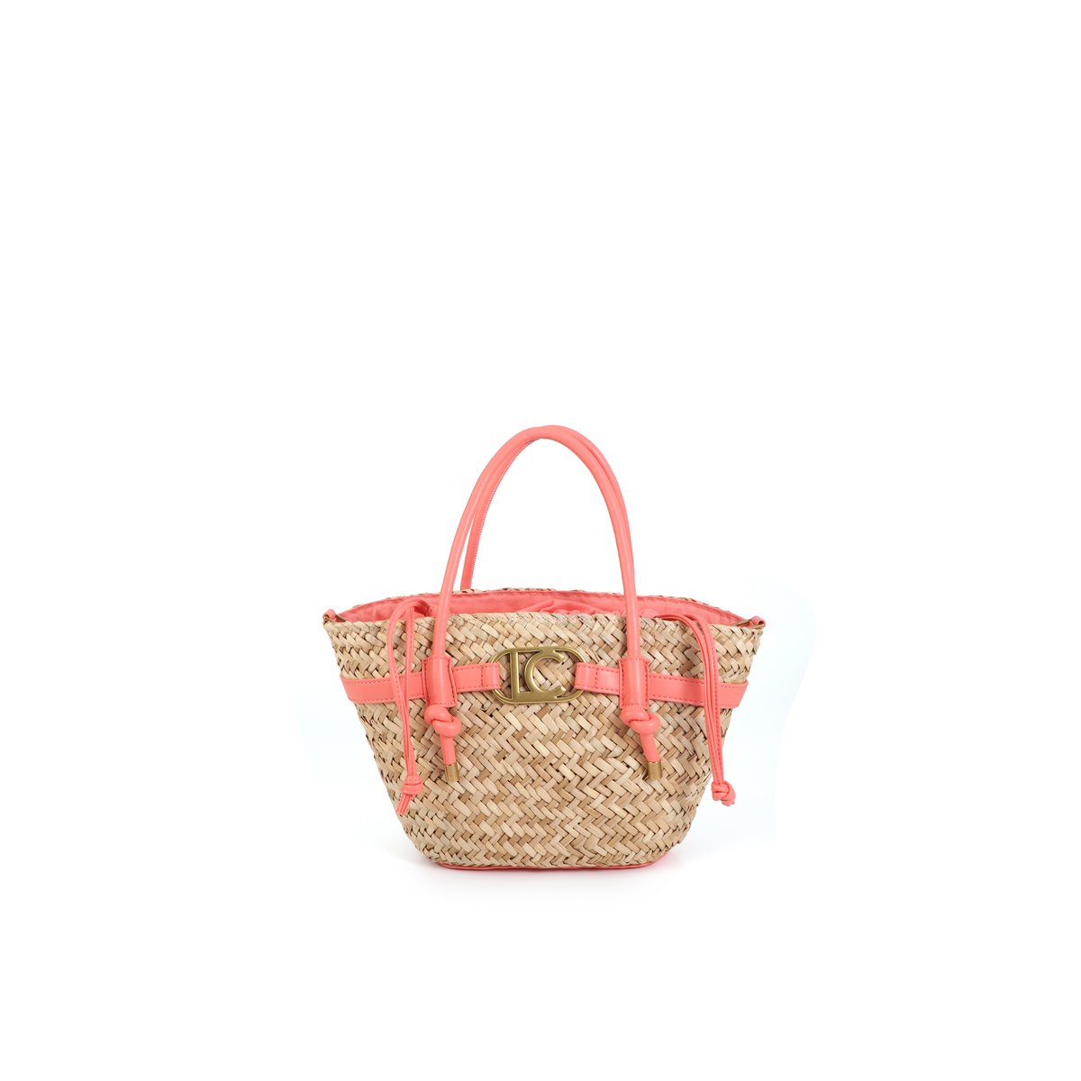 Mini panier tressé avec poignées et détails effet cuir rose, LOLA CASADEMUNT
