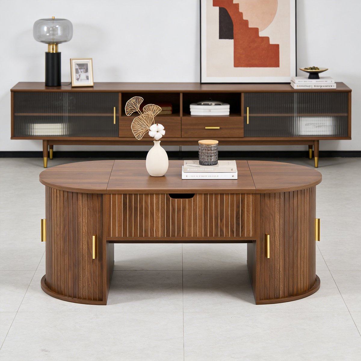 Table basse relevable ovale rangement, CHESTNUTB walnut, MEUBLES COSY