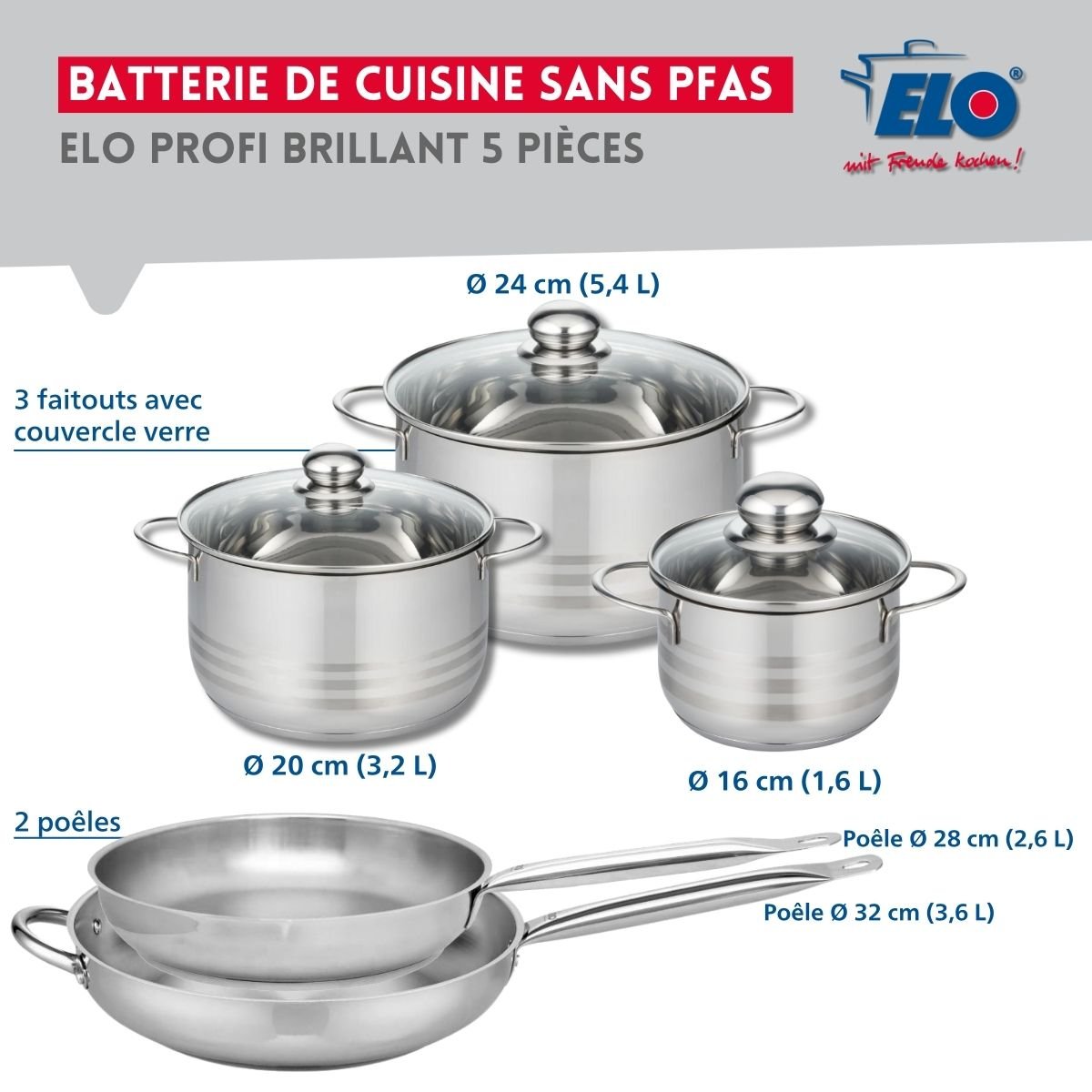 Batterie 2 poêles 28/32cm + 3 faitouts 16/20/24cm PROFI BRILLANT inox, ELO