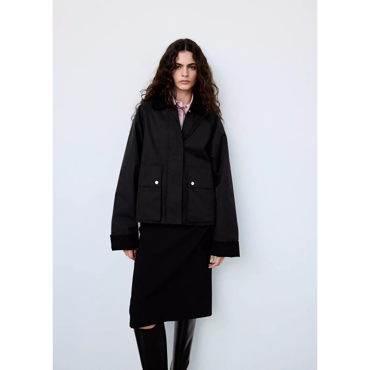 Parka coton en velours côtelé noir, MANGO