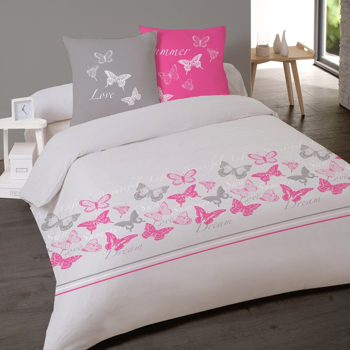 Housse de couette 240x220 Butterflies + 2 taies coton 57 fils gris, DECORATIE