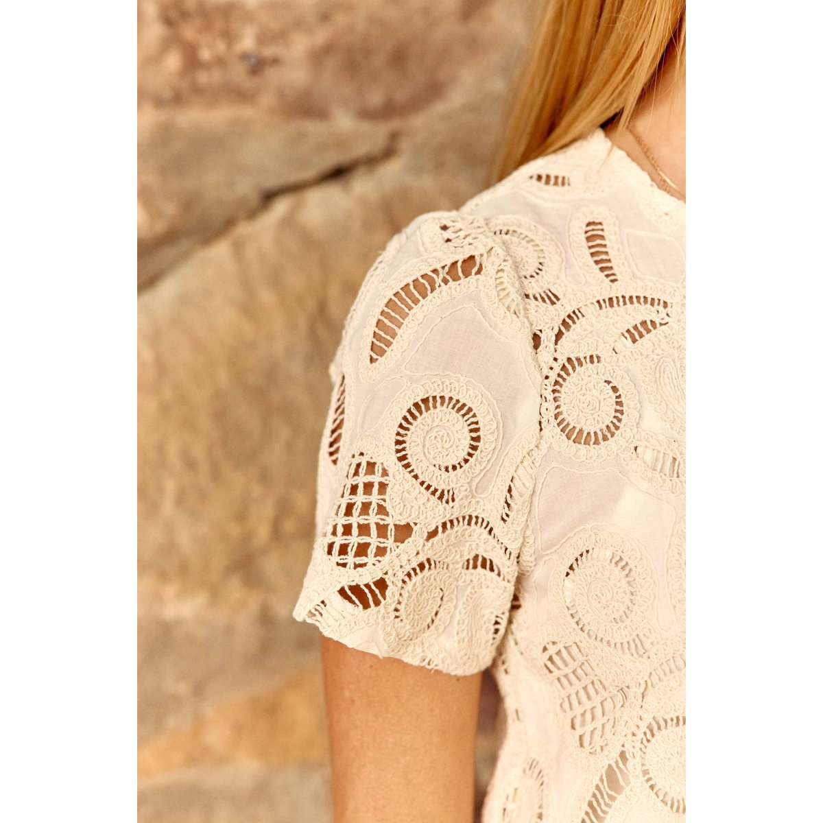 Top manches courtes col rond imprimé broderie TIVA 11-ecru, LA PETITE ETOILE