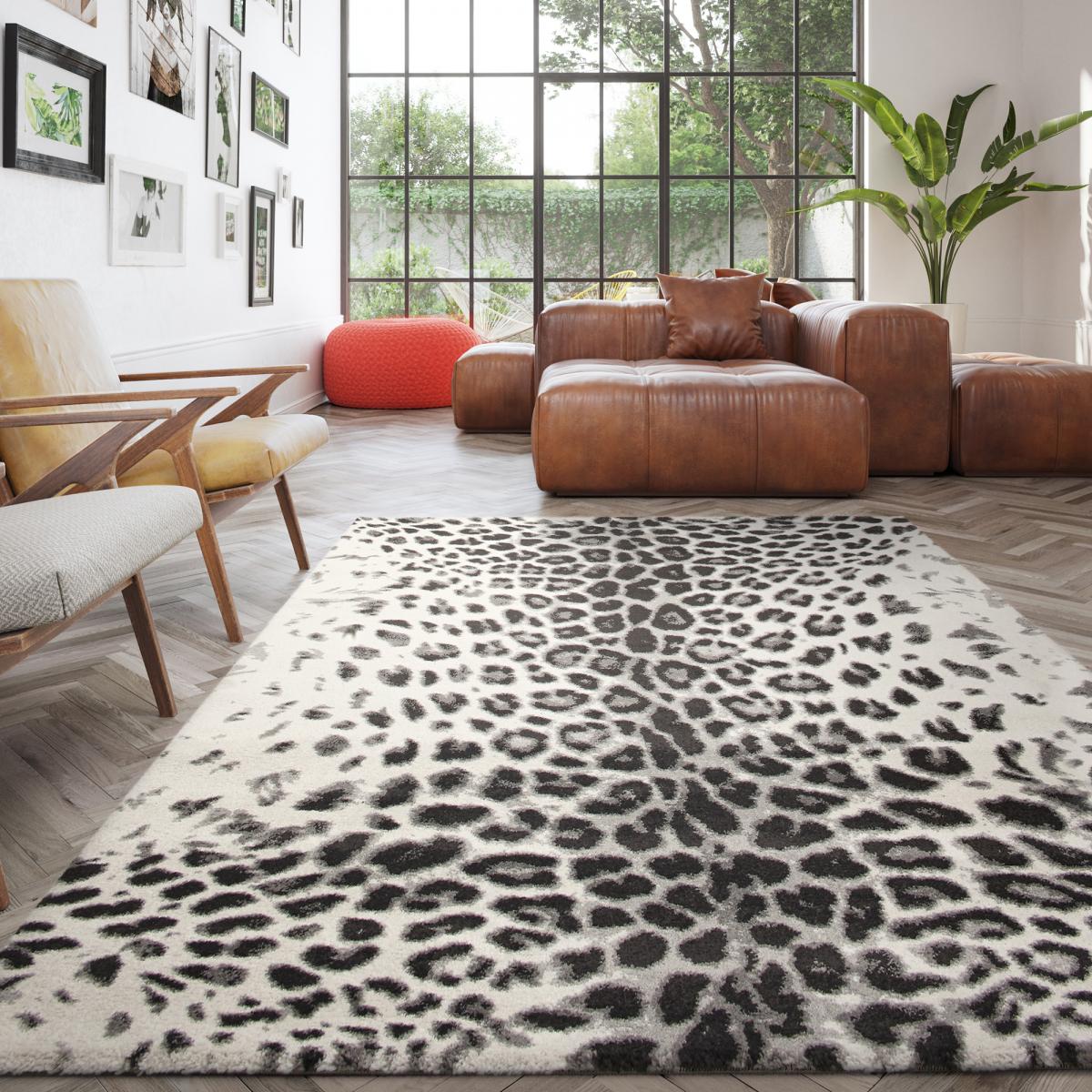 Tapis salon et chambre tissé motif animaux BELLA 5 noir, blanc, UN AMOUR DE TAPIS