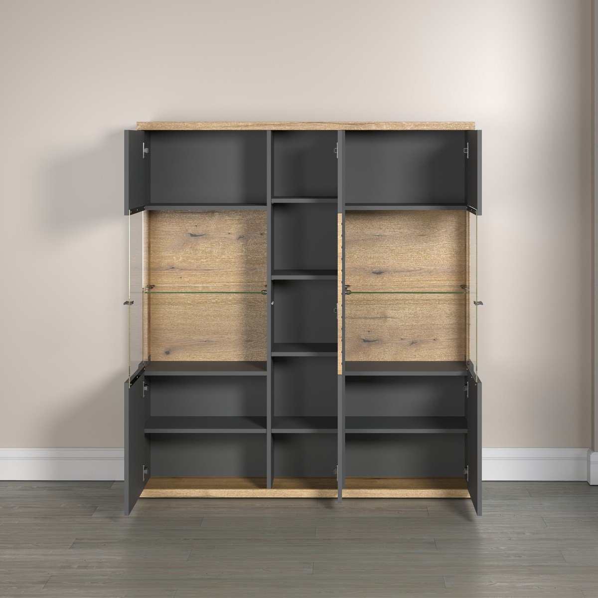 Buffet haut vitré 3 portes L131 cm - NORRIS gris anthracite, CALICOSY